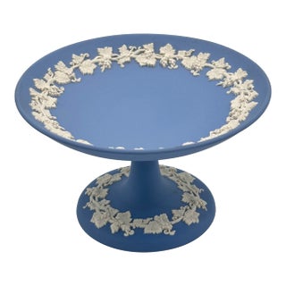 Vintage Wedgwood Blue Queensware Jasperware Pedestal Compote Dish For Sale