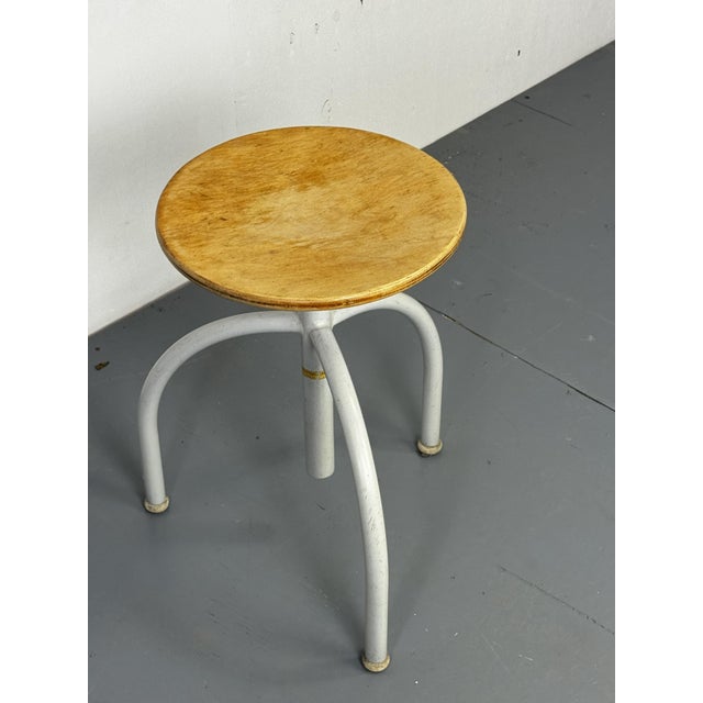 Vintage mid century modernist industrial adjustable stool, 1950s Industrial, in height-adjustable tripod stool. You can...