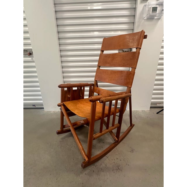 Mid 20th Century Campaign Style Teak Brown Leather Folding Rocker Rocking Chair For Sale - Image 4 of 12
