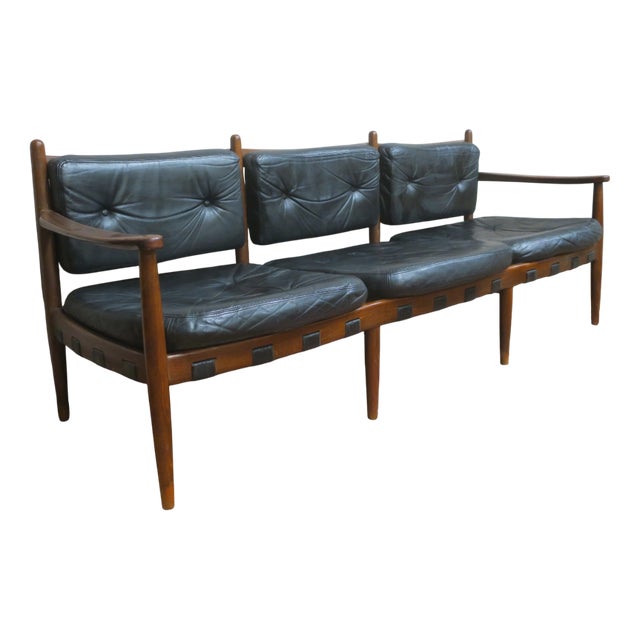Cadett 3-Seater Sofa in Teak and Leather with Leather Straps by Eric Merthen, 1960s For Sale