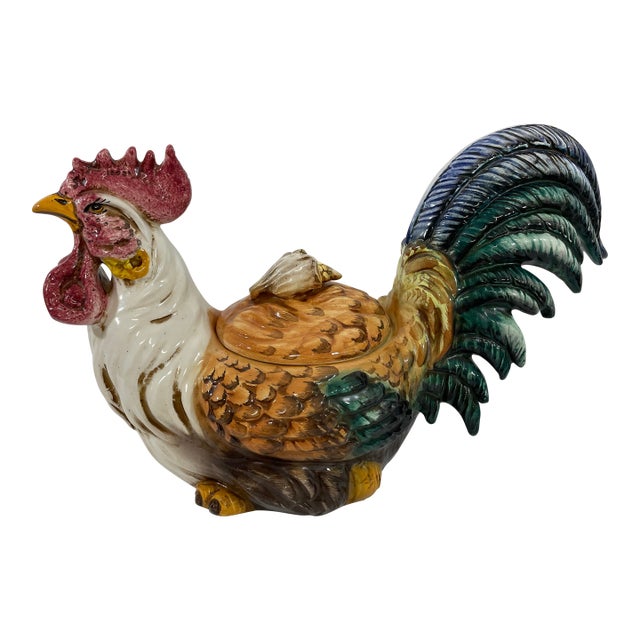 Vintage 1970s Italian Ceramic Majolica Rooster Tureen For Sale