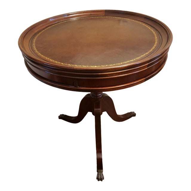 1960s Regency Mahogany and Tooled Leather Stencil Pedestal Tea Drum Table For Sale