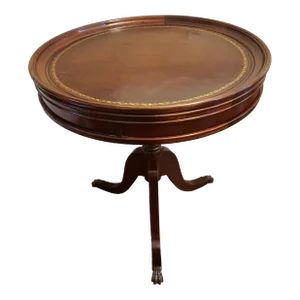 1960s Regency Mahogany and Tooled Leather Stencil Pedestal Tea Drum Table