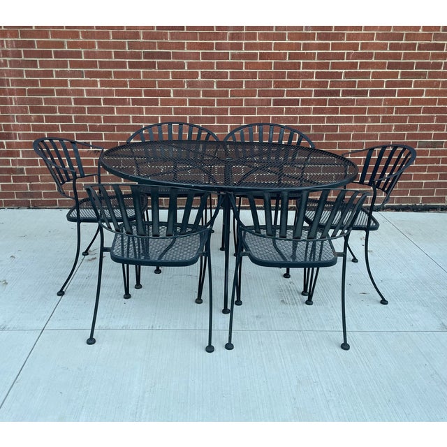 Vintage Wrought Iron Patio Garden Set 6 Chairs 54" Oval Table Minimalist For Sale - Image 17 of 17