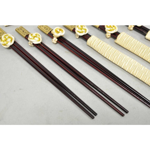 Chinoiserie Vintage Japanese Oriental Chopsticks in Custom Silk Gold Sleeves - 6 Pc Set For Sale - Image 3 of 10
