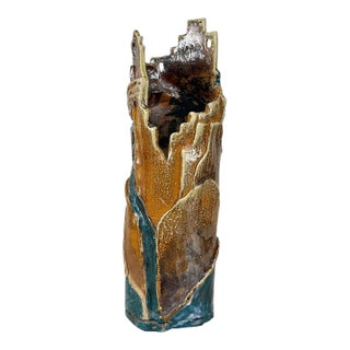 Vintage 16" Brutalist Abstract Glazed Studio Pottery Castle Tower Vase For Sale