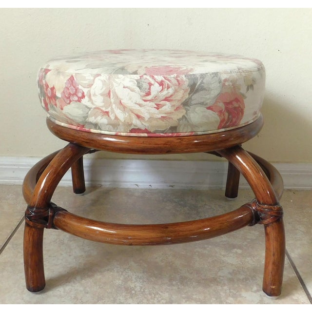 Wonderful vintage mid-century round leather wrapped rattan stool with flower upholstery. Sweet piece! Circa 1970s. Made in...
