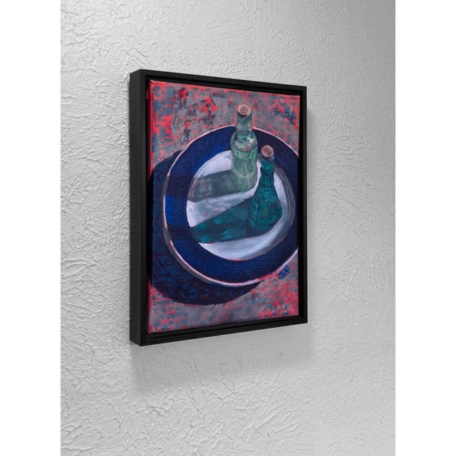 Secret Meeting by Tracy Wall | Oil on canvas Still life of two green bottles on a plate For Sale - Image 4 of 4