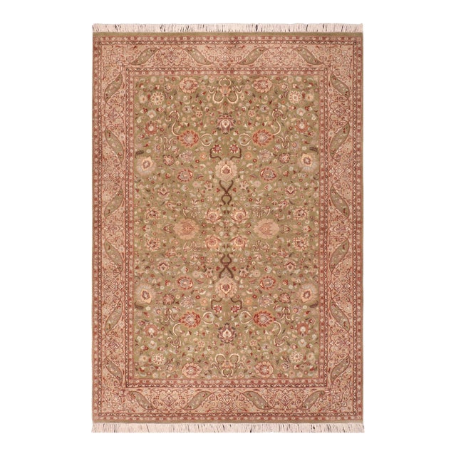 Shabby Chic Floral 1990's Pak-Persian Green/Beige Wool Rug - 5'11'' X 9'3'' For Sale