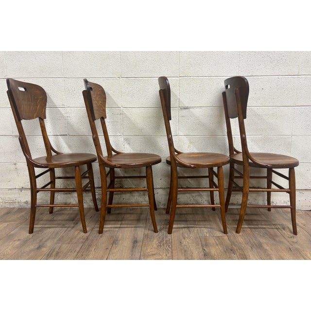 Antique Art Deco Style Tiger Oak Bentwood Bistro Dining Side Chairs - Set of 4 For Sale - Image 9 of 11