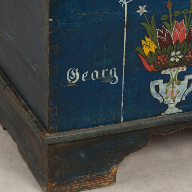 1926 Original Blue Hand-Painted Pine Flat Top Trunk For Sale - Image 10 of 15
