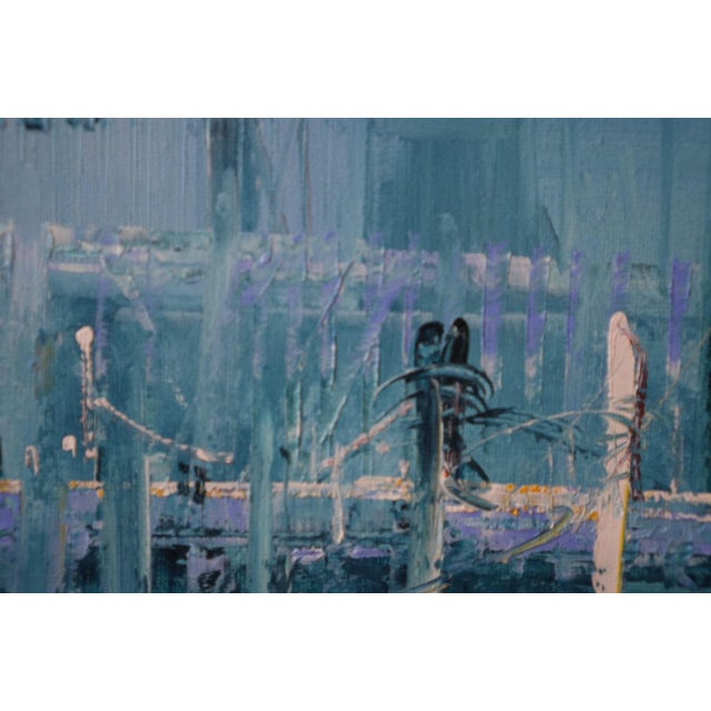 Late 20th Century Original Coastal Harbor Oil Painting by L. Thomas – Huge 53x42” Framed Canvas, Nautical Seascape With Boats and Pier For Sale - Image 4 of 6