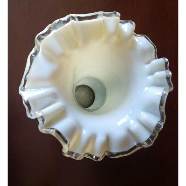 Yellow Vintage Fenton Hand-Painted Butterfly Uranium Glass Vase | Satin Custard Ruffled Rim For Sale - Image 8 of 12