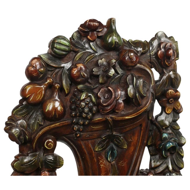 Late 20th Century Late 20th Century Spanish Revival, Carved, Polychrome, Cornucopia 54.5”, Dining Chairs, Set of Six! For Sale - Image 5 of 6