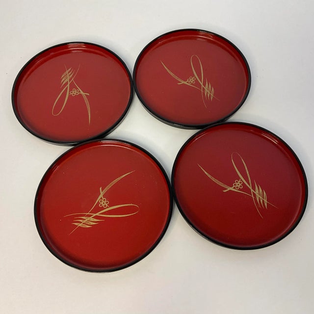 Brick Red Mid-Century Japanese Chinoiserie Large Round Coasters - Set of 4 For Sale - Image 8 of 8
