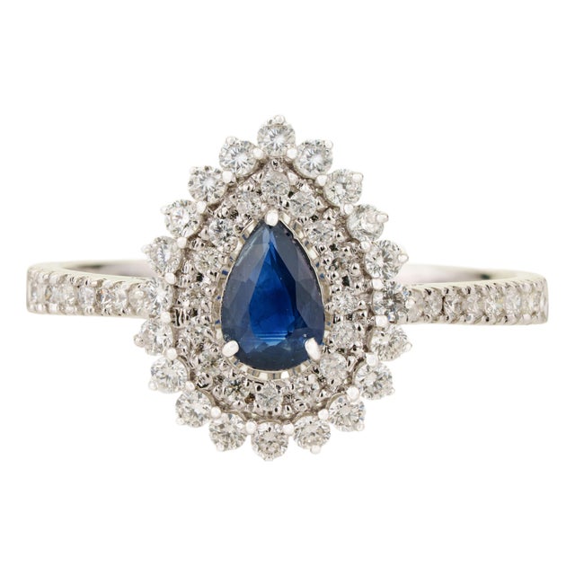 Blue Sapphire & Diamond Halo Vintage Engagement Ring in 18k White Gold Size 4 For Sale