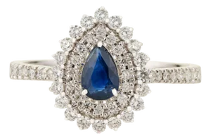 Blue Sapphire & Diamond Halo Vintage Engagement Ring in 18k White Gold Size 4