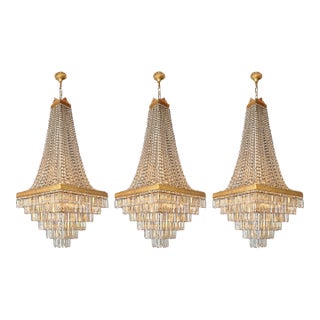 Antique Art Deco Crystal Chandeliers Brass Tiered Chandelier Restored - Set of 3 For Sale