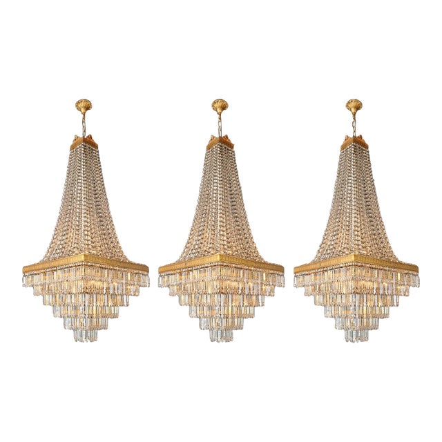 Antique Art Deco Crystal Chandeliers Brass Tiered Chandelier Restored - Set of 3 For Sale