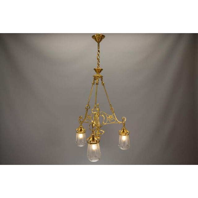 French Art Nouveau Brass and Frosted Glass Three-Light Chandelier, circa 1920 For Sale - Image 4 of 18