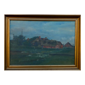 Antique Scandinavian Oil Post-Impressionist Farmscape Painting, Framed