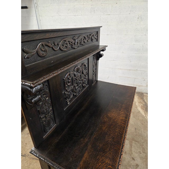 Brown Unique 19th Century Oak Carved English Sideboard/Buffet With Tall Back For Sale - Image 8 of 11