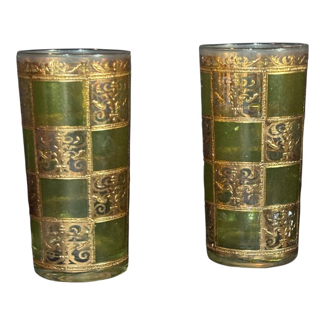 Vintage Culver Ltd. Valencia Highball Glasses Mid-Century 22k Gold & Green Set of 2 For Sale