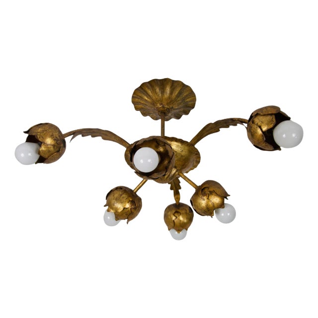 Large Golden Florentine Flower Shape Ceiling Lamp, Italy, 1970s For Sale