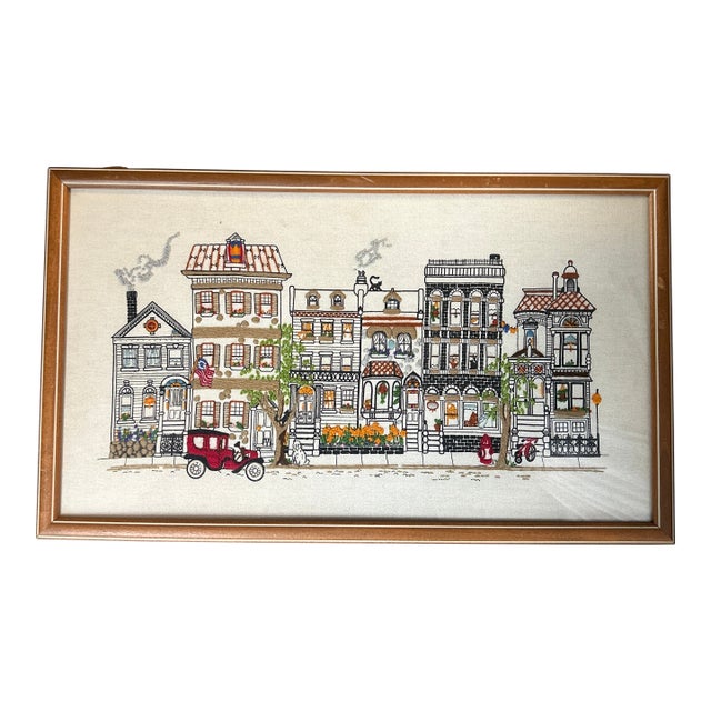 Contemporary 1980’s Style “Center Street” Town Embroidery For Sale