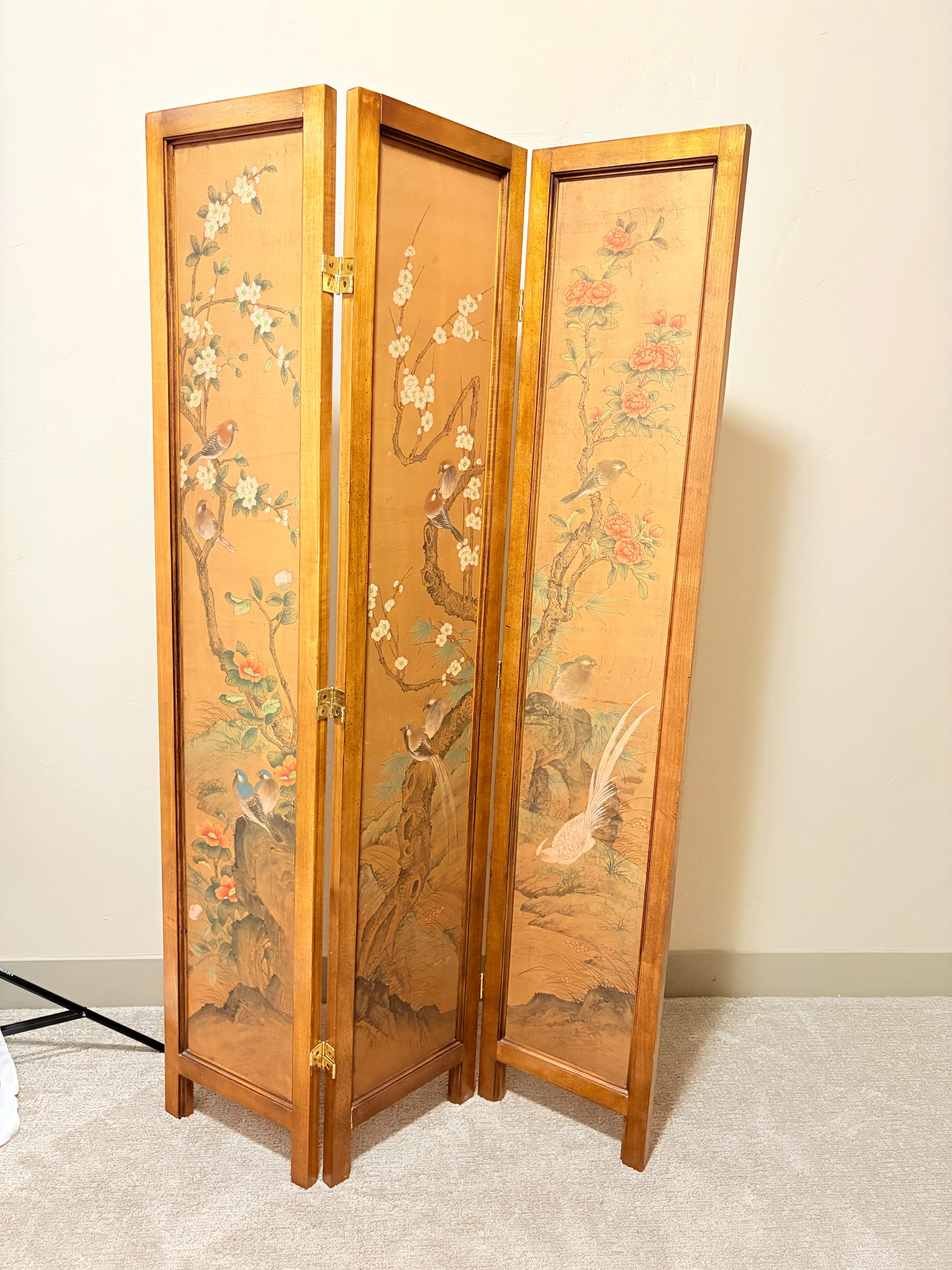 Vintage Asian Three-Panel Folding Screen With Hand-Painted Birds