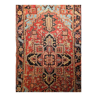 Antique Persian Heriz Serapi Gallery Rug, Hand-Knotted Wool, Geometric Medallion Pattern, Red & Blue, 7x12 For Sale