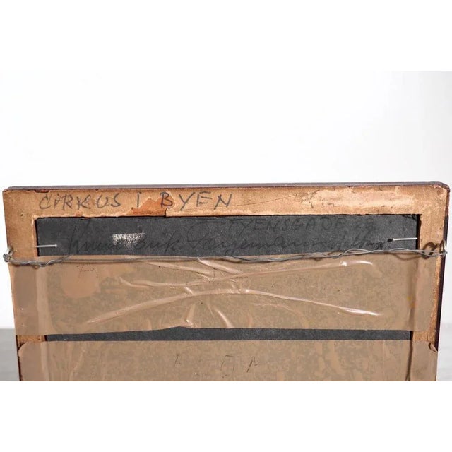 Charming naivistisk painting, by famous danish painter, knud erik færgemann (1925 - 2003). “circus in town” h. 21 w. 26 cm...