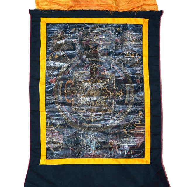 Textile Antique Tibetan Hand Painted Silk and Canvas Thangka with Figures, Circa 1920 For Sale - Image 7 of 11