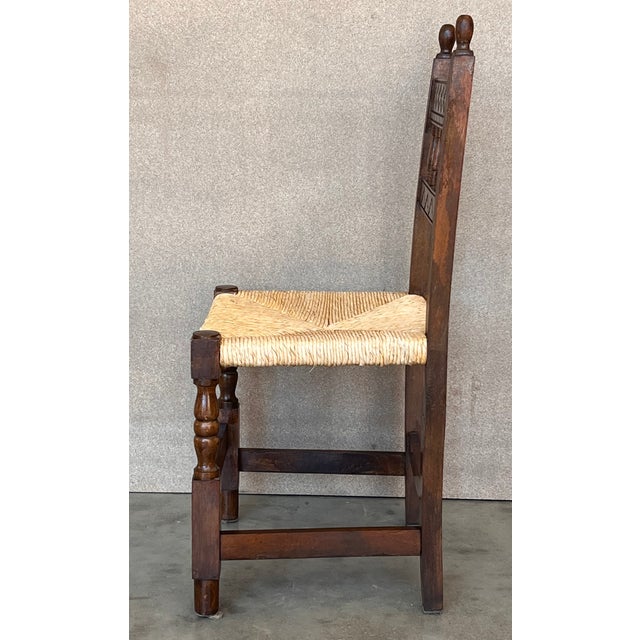 20th Century Set of Six Catalan Chairs in Carved Walnut and Caned Seats For Sale - Image 4 of 11