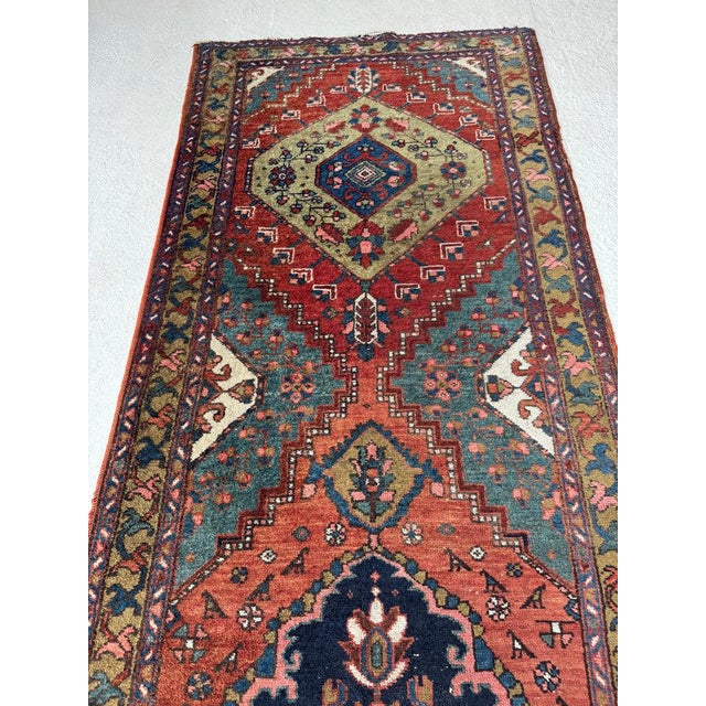 Antique Heriz Runner Lake Blue Rug 3 x 10.2 For Sale - Image 11 of 12