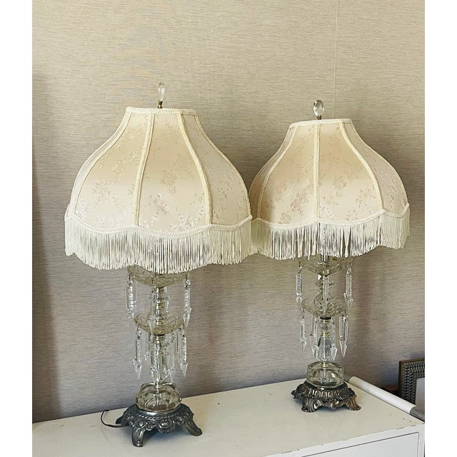 Great pair of antique Bohemian cut Crystal with pendants girandole style table Lamos with silk lamp shades fringed.