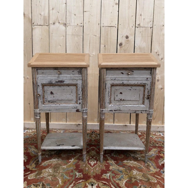 Gray Bedside Tables in Painted Wood and Oak with Brass, 1890s, Set of 2 For Sale - Image 8 of 8