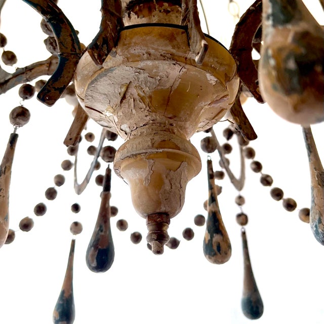 Mid 20th Century Antique French Painted Wooden Bead and Iron Chandelier - 8 Lights For Sale - Image 5 of 10
