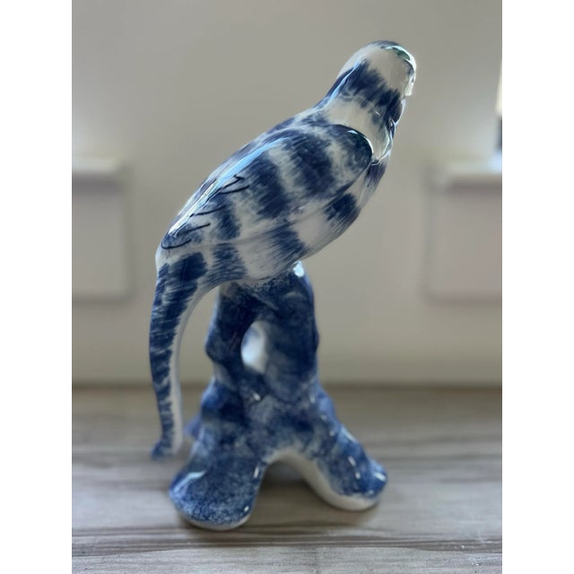 Blue Vintage Hand-Painted Ceramic Chinoiserie Parrot in Classic Blue and White For Sale - Image 8 of 9