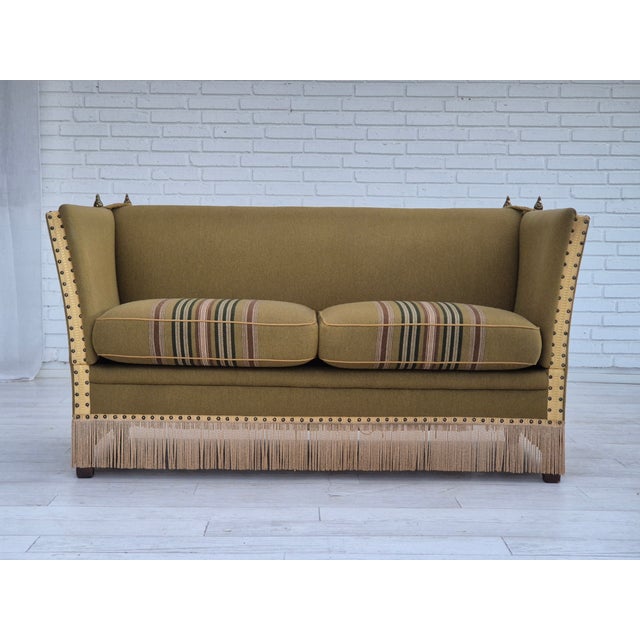 1960s, Danish drop arm "Spanish" sofa. Original very good condition: no smells, no stains and stable construction. Green...