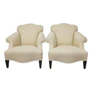 Pair of Vintage French Lounge Chairs with Camelbacks, Rolled Arms, Ebonized Legs For Sale