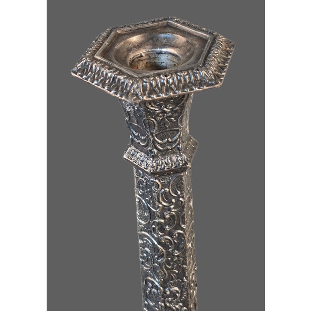 Antique Ornate Victorian Pair Repousse Tavern Dutch Scene Silverplate Derby Candlesticks Marked For Sale - Image 9 of 12