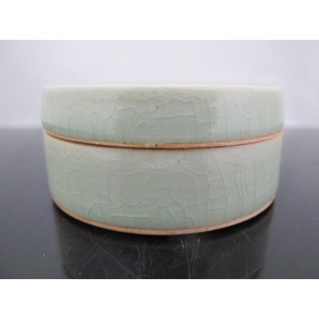 Ceramic Thai Celadon Round Pottery Lidded Box With Lotus Flower & Leaves Motif For Sale - Image 7 of 9