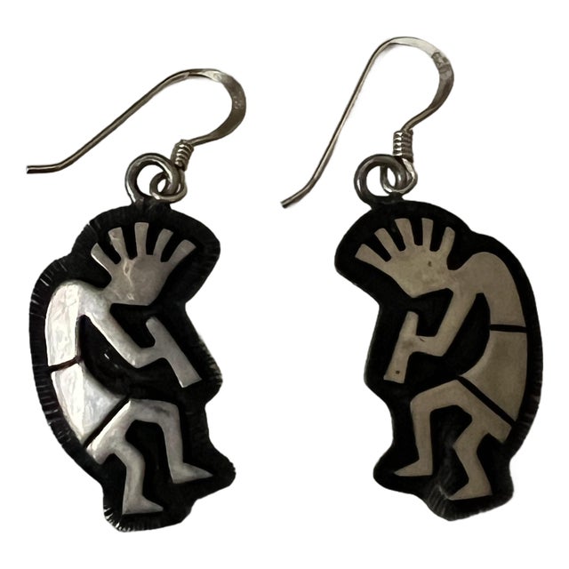 Native American Style Earrings Featuring a Kokopelli Design, Crafted From Sterling Silver For Sale