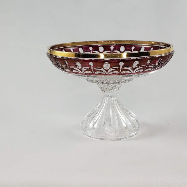 Vintage Anna Hutte Bleikristall Ruby Gold Compote Crystal Pedestal Footed Bowl For Sale In Tulsa - Image 6 of 9