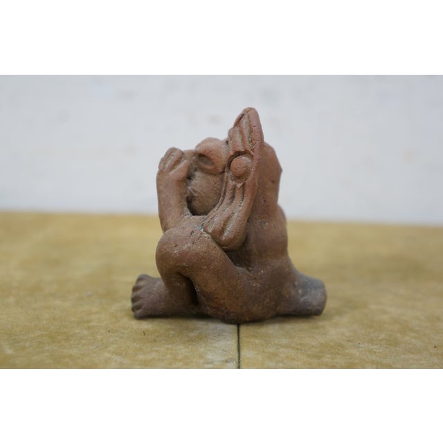 Mid 20th Century Pre-Columbian Aztec Mayan Clay Terracotta Whistle Seated Figurine 3" For Sale - Image 4 of 9
