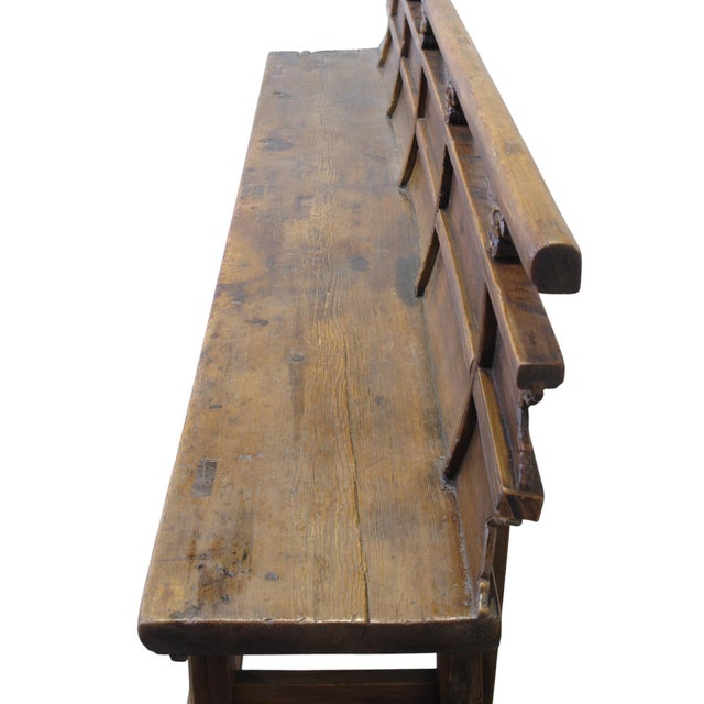 Wood Antique 111" Elm Wood Bench With Tiered Backrest For Sale - Image 7 of 13