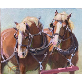 Gee by Lani Vlaanderen | Oil Painting of two brown horses in harnesses. For Sale