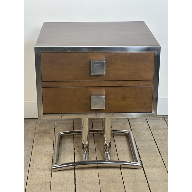 Art Deco style side table/bedside table or end table in walnut-stained wood and chrome-plated stainless steel (rustproof)...