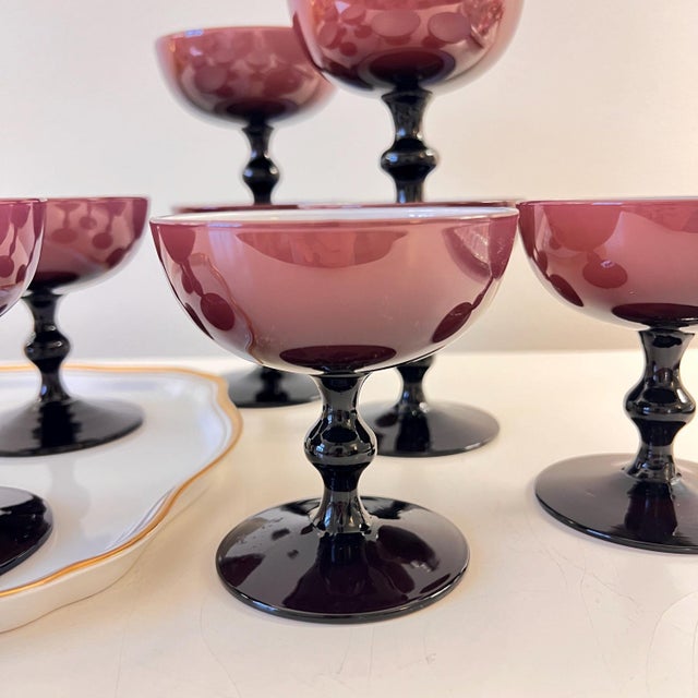 Mid-Century Modern 1960s 9 Carlo Moretti Amethyst cased glass coupe glasses // eggplant or raisin colored blown glass // purple and white colored glass stemware For Sale - Image 3 of 13